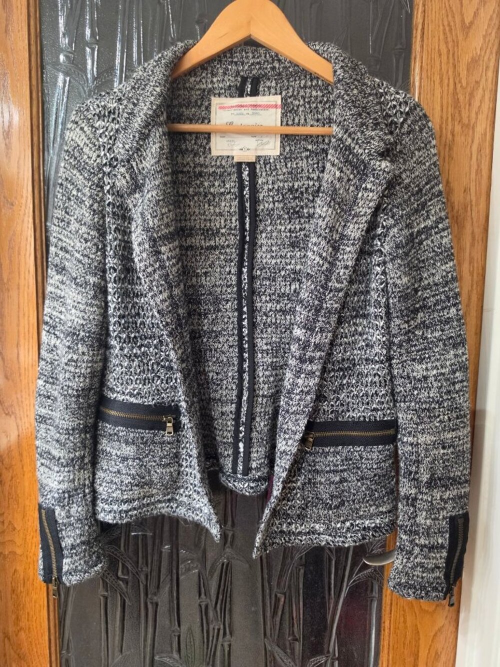 Anthropologie Cartonnier Sweater Jacket Sz Small Black White Marled Knit Zip Poc
